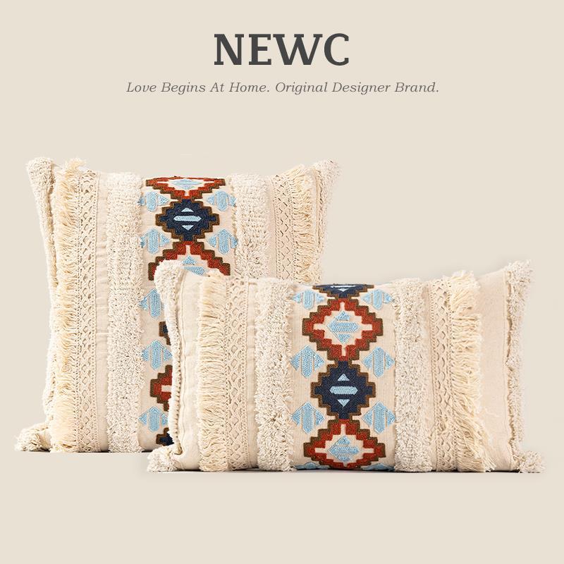 NEWC新宸优品 波西米亚覆古抱枕套客厅沙发名宿米色簇绒花边靠垫