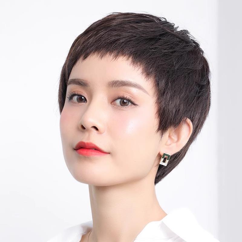 假发全头套女真人发丝短发自然时尚纹理全真人发套透气减龄假发套