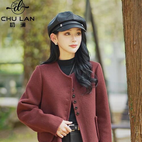 韩版红色双面绵羊毛外套女短款小个子高级感2025秋冬气质毛呢上衣
