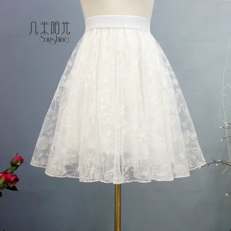 2024高品质女装刺绣半身裙 A字修身微蓬网纱黑白纯色百搭短裙