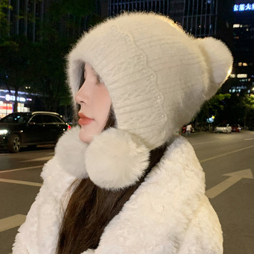 毛线帽子女秋冬2023新款保暖护耳防风大头围加绒加厚毛球针织帽子