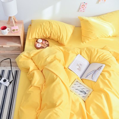 纯棉四件套全棉黄色民宿简v约纯色床上用品床单/床笠款素色三件套