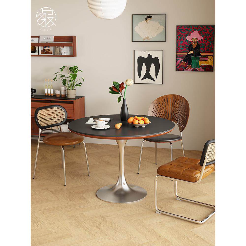 璨瑕中古圆桌家用小户型客厅圆形岩板餐桌覆古拉丝不锈钢郁金香桌