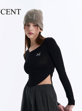 mucent标志褶皱T恤白色上衣女夏2025新款长袖正肩显瘦修身设计感