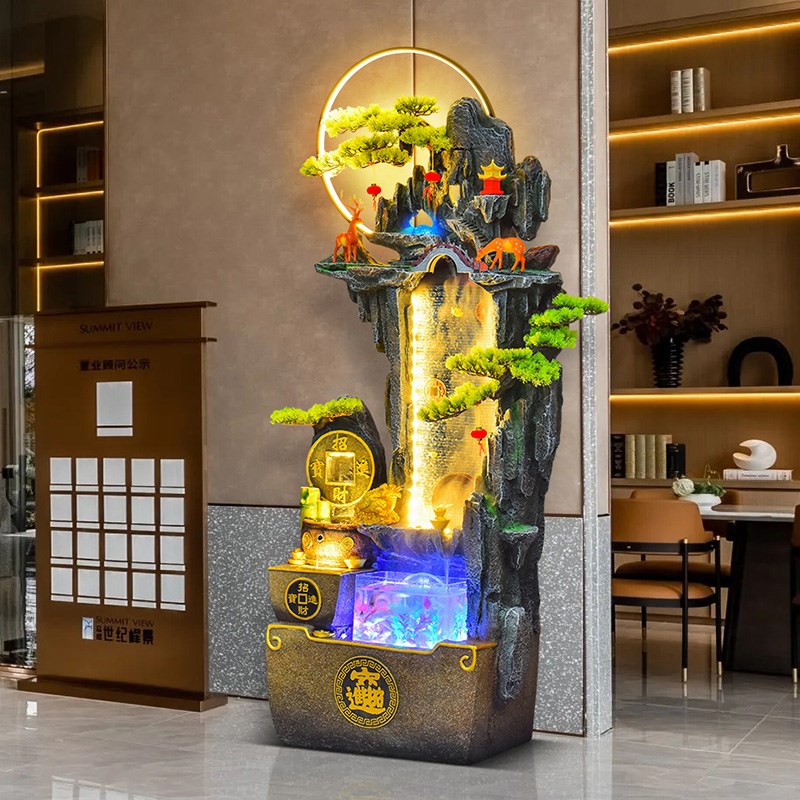 中式鱼缸流水摆件循环水车客厅落地喷泉生财电视柜旁假山景观水景