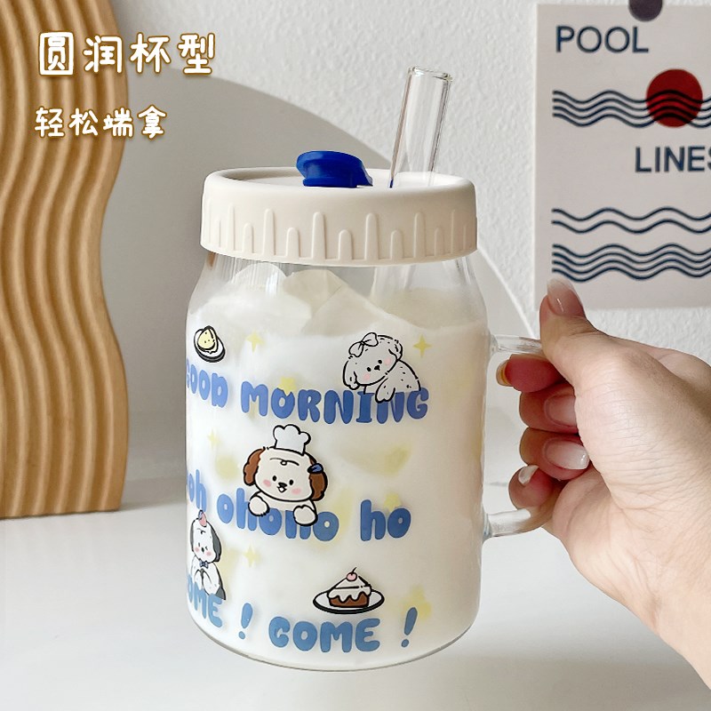 大容量耐高温玻璃杯可爱女喝水杯带把手粗吸管奶茶杯子果汁冷饮杯