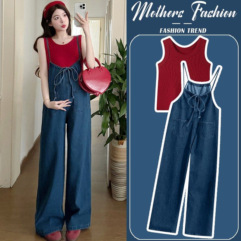 孕妇套装夏季2025新款时尚减龄复古休闲阔腿牛仔背带裤上衣两件套,孕妇装/孕产妇用品/营养,连衣裙,淘宝优惠券,粉丝福利购,淘宝优惠卷