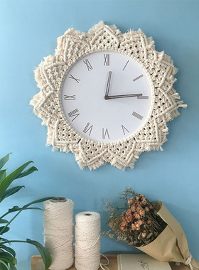 北欧创意挂钟时尚简约静音钟饰个性绳编织壁挂毯客厅民宿软装墙饰