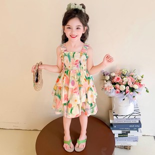 女童夏季花朵吊带裙夏装2025新款女孩夏装裙子宝宝度假海边连衣裙