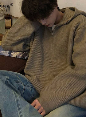 羊绒羊毛衫男士秋l冬季加厚保暖连帽针织衫宽松休闲百搭毛衣外套