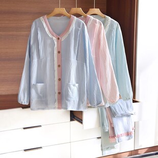 纯棉月子服春秋薄款绉布产t后孕妇哺乳家居套装纱布长袖开衫喂奶