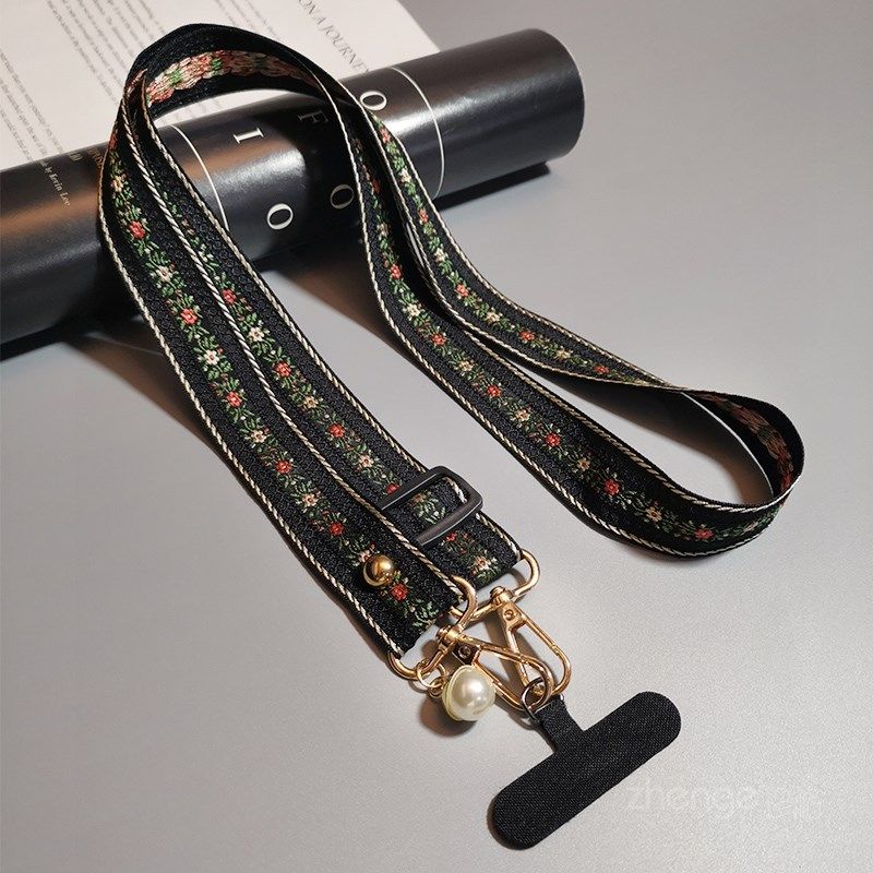 手机挂绳长款斜挎可肩背户外男女宽带子复古小碎花珍珠挂链壳结实