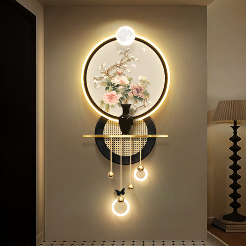 花开富贵玄关装饰画中古风入户y正对门壁画复古走廊过道高级感挂
