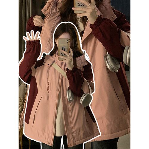 特大码女装撞色夹棉冲锋衣秋冬新款胖mm百搭保暖棉服粉色连帽外套