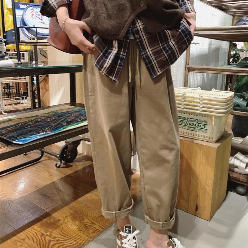 徐蹦蹦 巨巨百搭 日系秋冬宽松直筒卡其裤女显瘦工装哈伦裤松紧腰