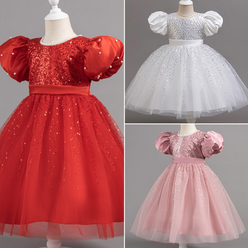 小主持人礼服亮片演出六一女童公主裙夏洋气宝宝生日泡泡袖连衣裙