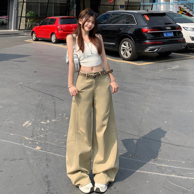 胖mm美式复古卡其色阔腿牛仔裤女梨型遮胯工装裤子高腰显瘦直筒裤