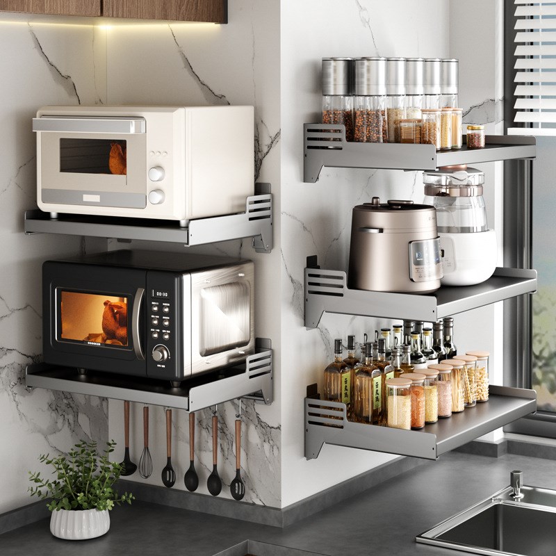 厨房微波炉置物架壁挂式放烤箱电饭煲多功能墙上T支架免打孔收纳