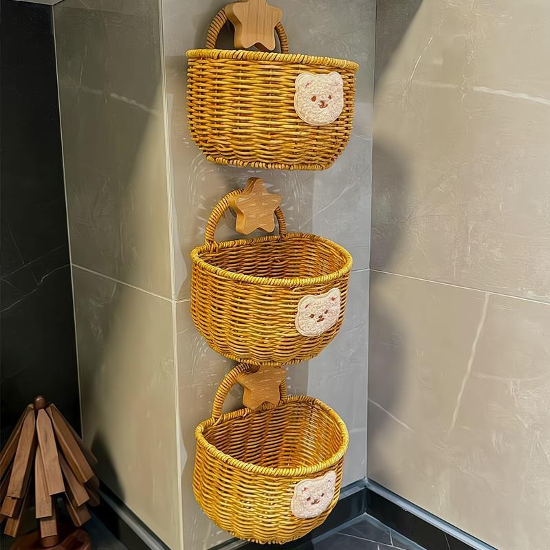 姜蒜收纳筐厨房家用藤编菜篮子可移动竹筐挂篮姜葱蒜收纳篮悬挂