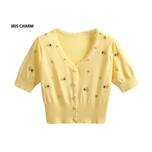鹅黄色针织短袖女夏新款v领修身冰丝开衫T恤短款时尚甜美绣花上衣
