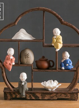 摆件新中式博古架茶桌台小型办公室书房装L饰玄关古风客厅高端禅