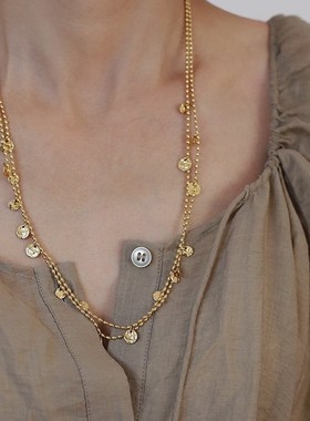 不掉色~中古许愿池金币闪闪亮片圆珠毛衣链秋冬长款项链配饰