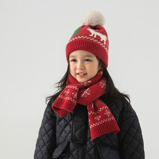 新年红色儿童帽子围巾套装秋冬季女童毛线帽圣诞男童围脖宝宝针织