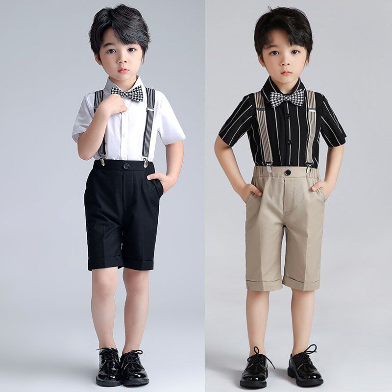 儿童小主持人合唱演出服礼服男童短袖西装洋气背带裤夏季花童套装
