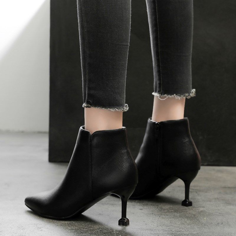 细跟短靴女高跟鞋2024新款尖头c工作鞋职业工鞋女黑色秋工装鞋冬