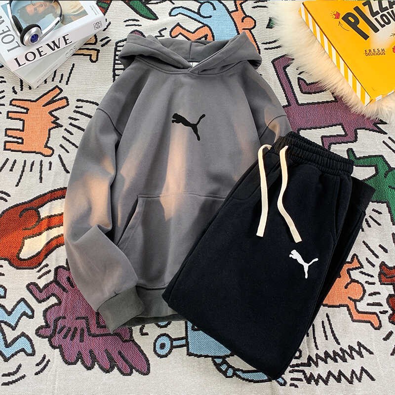 秋冬季加绒运动休闲套装男士连帽卫衣长裤子两件套帅气搭配一整套