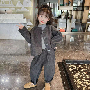 女童呢子套装2025新款秋装中小童韩版洋气时髦毛呢外套秋冬两件套