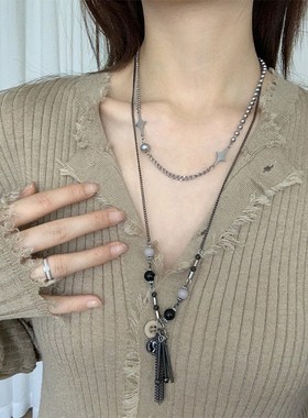 复古中式民族风流苏吊坠项链女小众设计感叠戴毛衣链串珠锁骨链潮