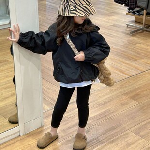 韩国儿童女童时髦黑色防风连帽拉炼夹克外套T内搭裤 新款 2023秋季