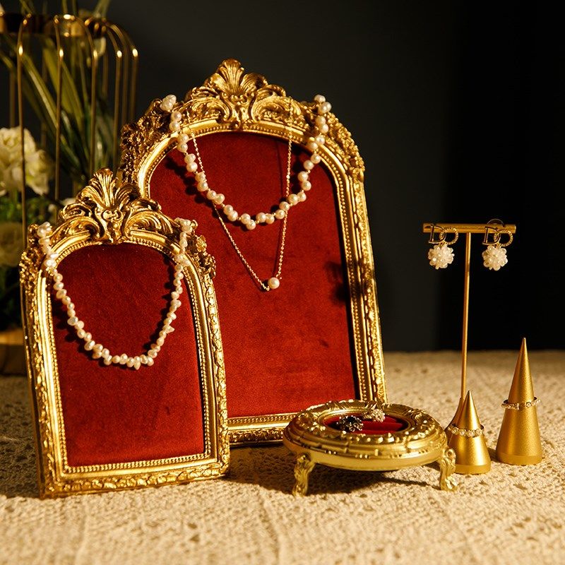 首饰展示架复古红色绒布耳钉板项链吊坠饰品收纳创意陈列拍照道具