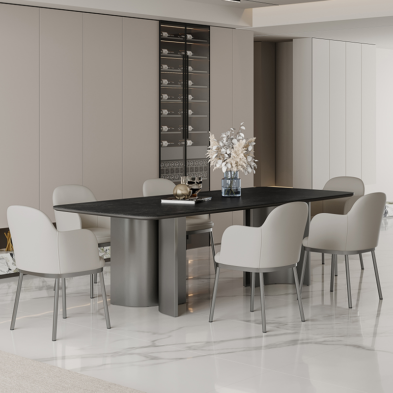 简约现代长方形意式全黑色岩板灰钢餐桌椅组合极简轻奢大户型桌子
