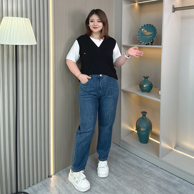 大码牛仔裤女胖mm弹力直筒宽松夏季薄款裤子200斤高腰显瘦哈伦裤