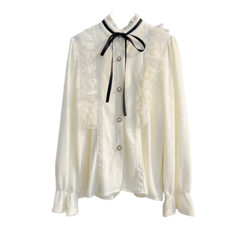 法式花边立领蕾丝衫长袖衬衫女秋冬磨毛加厚气质内搭打底小衫上衣