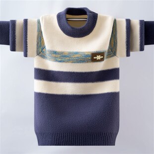中大童毛衣男童冬季加厚针织衫男孩条纹2024冬装新款不起球保暖衣