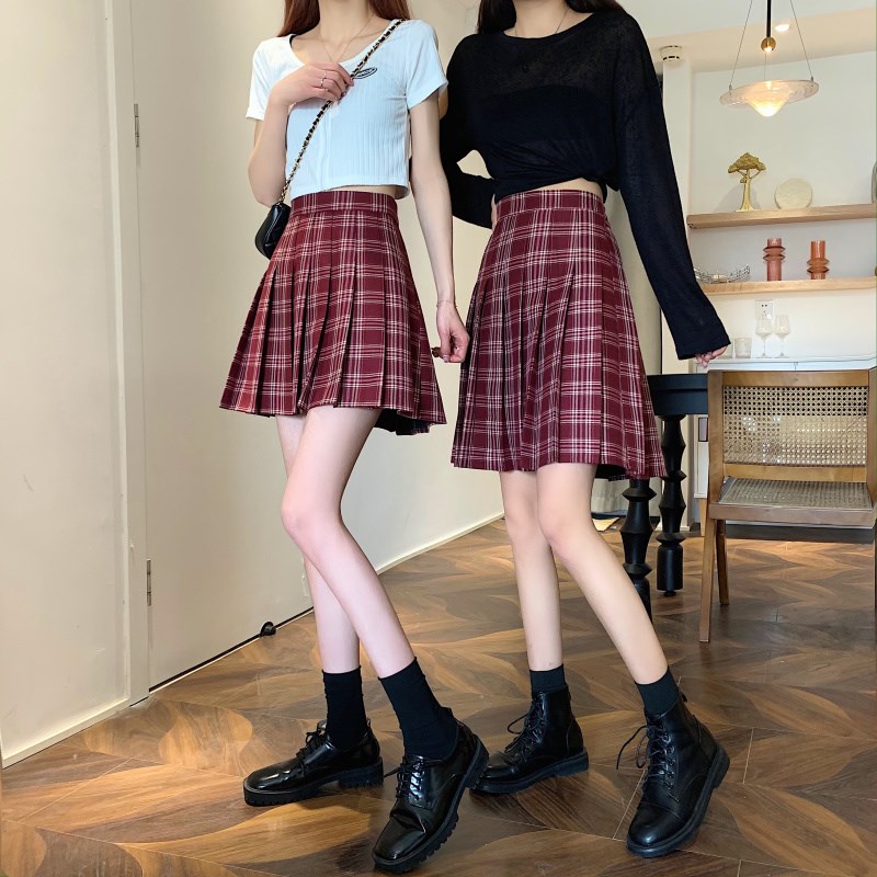 酒红格子半身裙中裙女秋冬大码胖mm包臀a字裙百搭显瘦a字裙jk短裙
