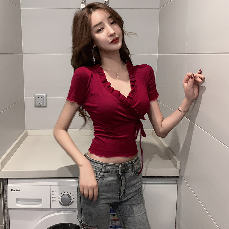 女人味交叉V领低胸性感上衣女修身显瘦绑带高腰短款紧身漏胸T恤夏,女装/女士精品,T恤,淘宝优惠券,粉丝福利购,淘宝优惠卷