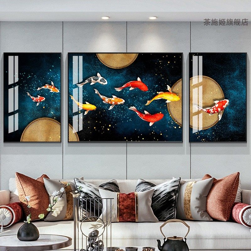新中式九鱼图客厅晶瓷镶钻装饰画招财挂画沙发后面的背景墙面壁画,家居饰品,现代装饰画,淘宝优惠券,粉丝福利购,淘宝优惠卷