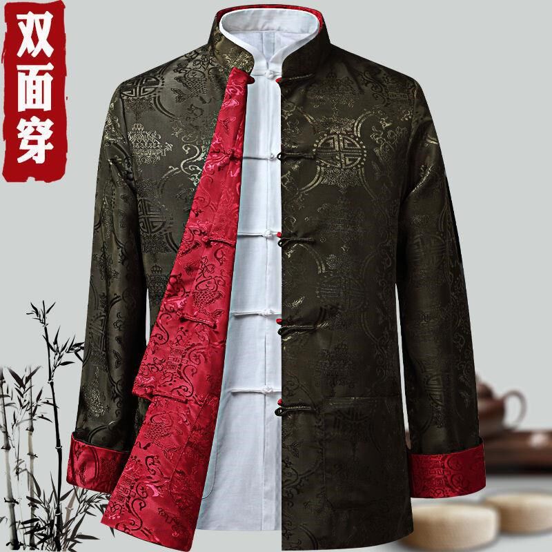 春秋唐装外套男士休闲夹克爸爸装中国风中老年长袖双面穿盘扣复古