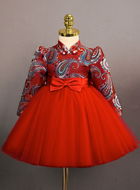 中式女童周岁礼服女宝高定旗袍儿童抓周红色唐装喜庆中国风公主裙