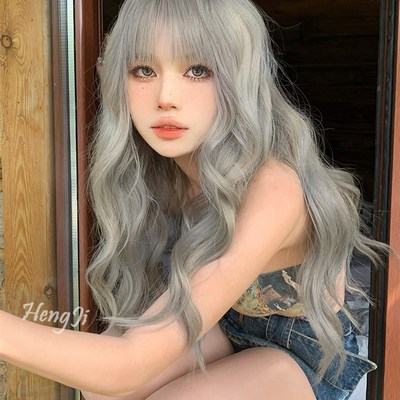 哼唧假发女长发灰色大波浪空气刘海长卷发lolita自然全头套式假发