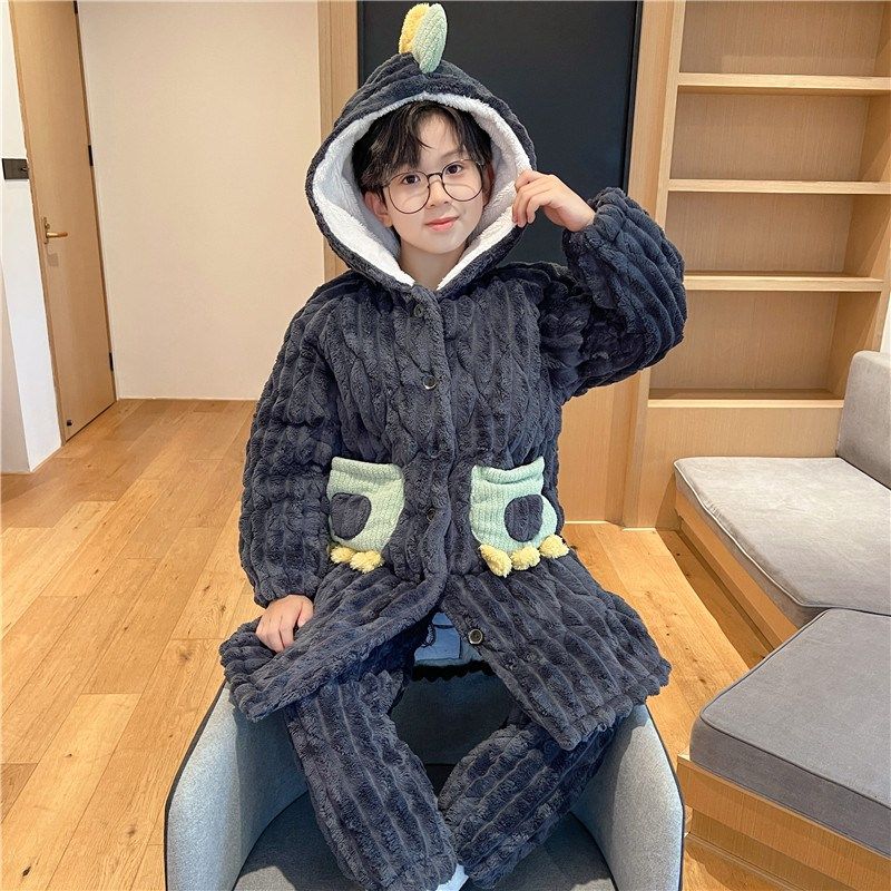 儿童睡衣男童秋冬季法兰绒三层夹棉男孩中大童珊瑚绒睡袍长款套装