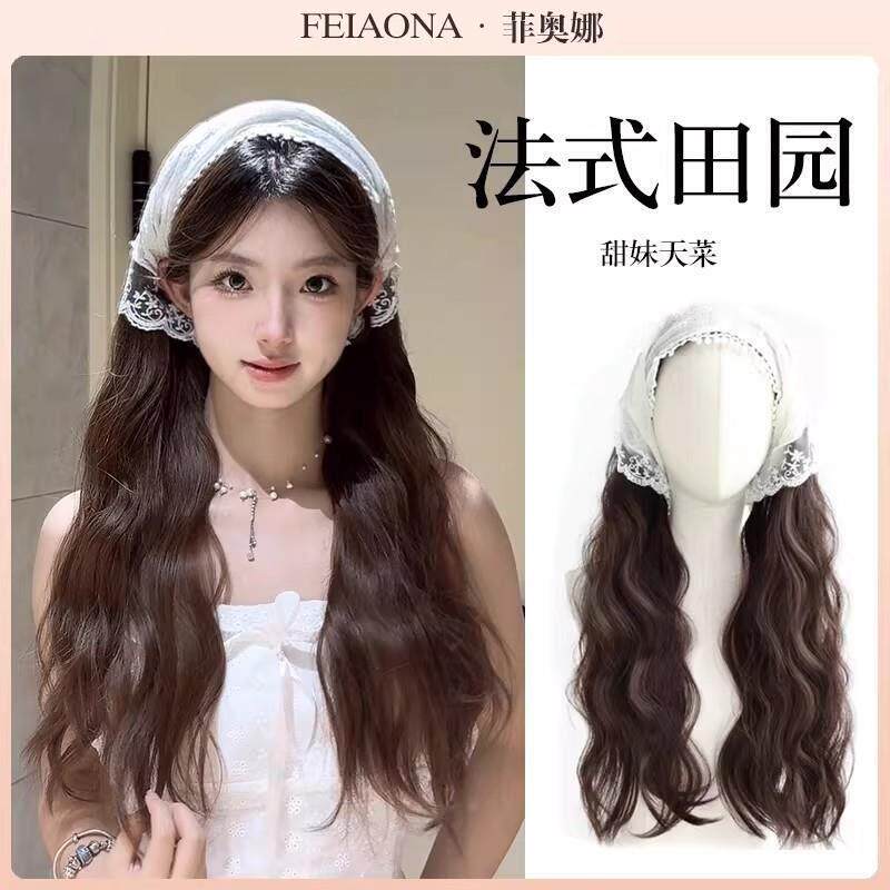 一体式三角头巾假发长卷发假发全头套女帽子头发发箍假发半头套