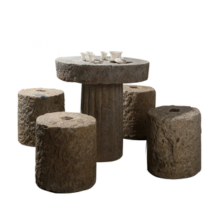 老石磨茶桌石头茶台茶盘木架底座旧磨片户外庭院石桌石凳家用摆件