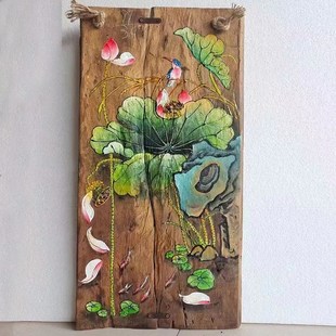 中式复古手绘木板画卧室客厅风化木装饰挂画荷花室内户外牌匾定制