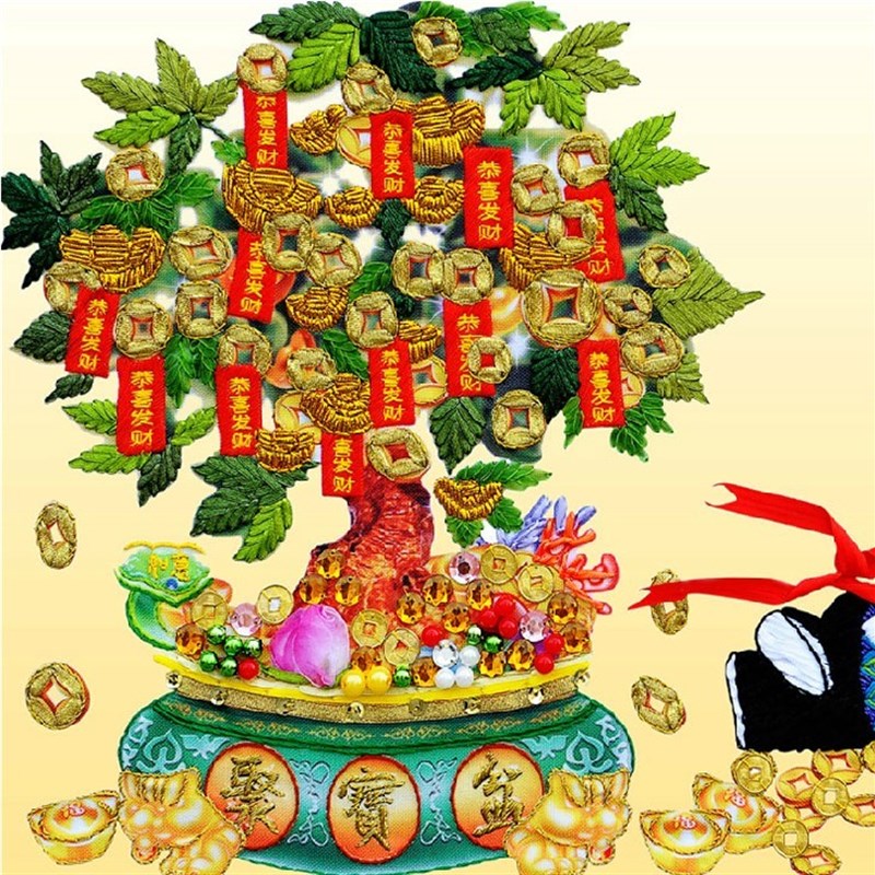 财源滚滚新款丝带绣挂画摇钱树小财神爷彩印非十字绣