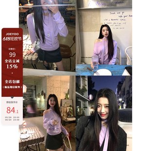 Joeyoo李乔优 银河繁星 紫色斜肩长袖飘带T恤秋冬内搭打底衫上衣